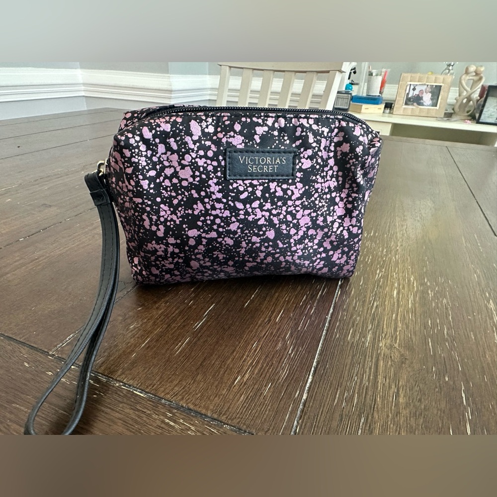 Victoria's Secret black and pink splatter pattern cosmetic bag